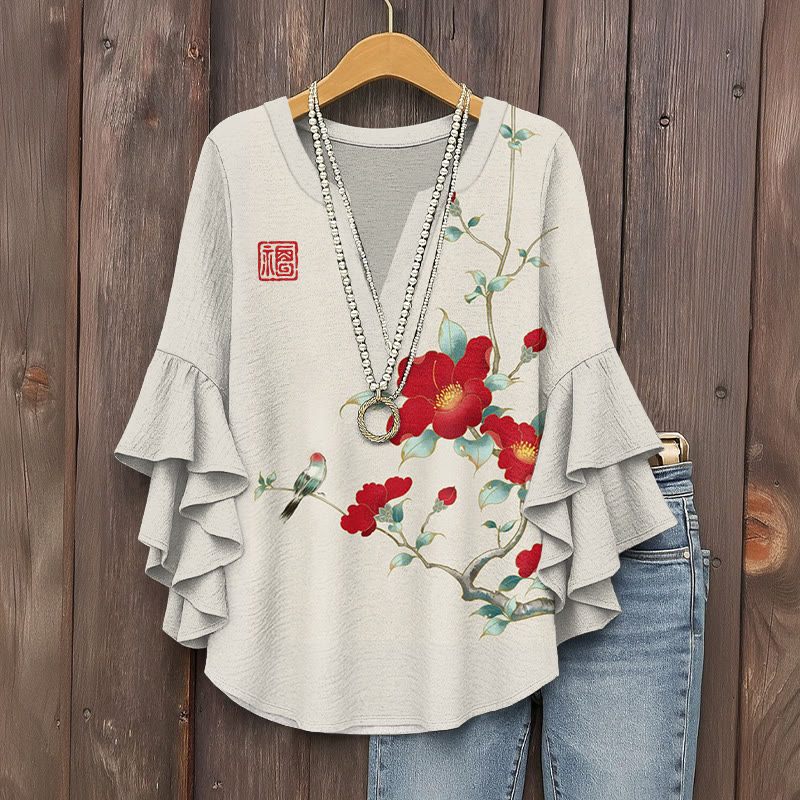 Japanese Vintage Floral & Bird Art Print V-neck Half Sleeve Blouse - Beige - 5XL - image 1