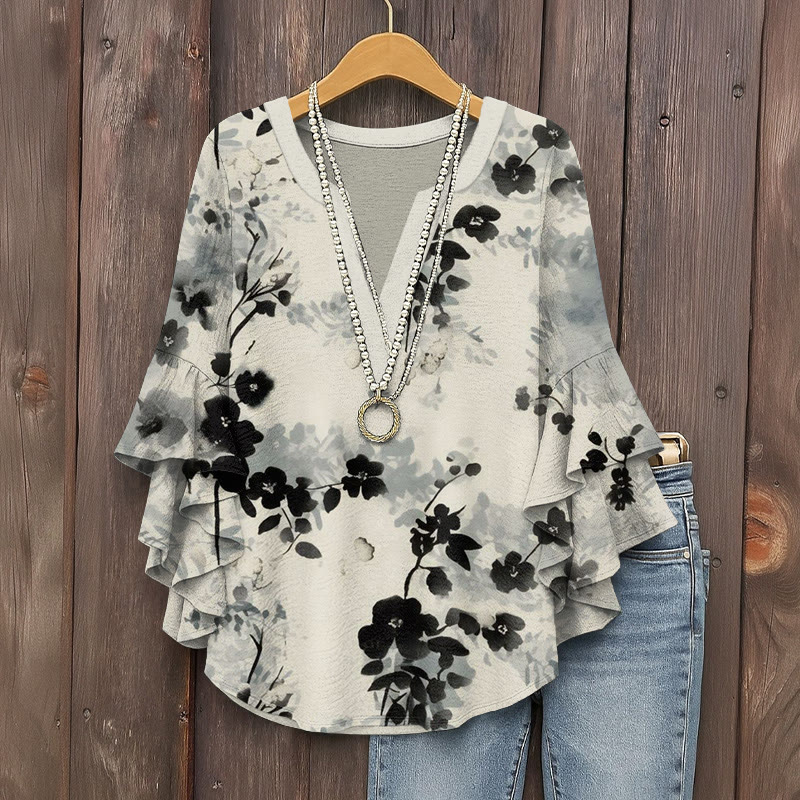 Ink Watercolor Floral Art Print V-neck Half Sleeve Blouse - Beige - 5XL - image 1