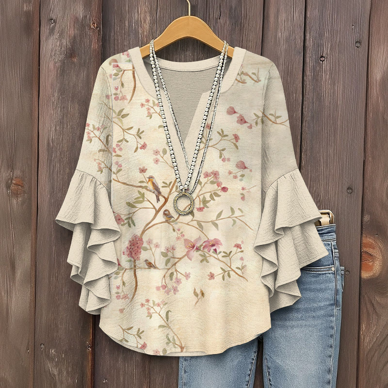Retro Floral Art Print V-neck Half Sleeve Blouse - Apricot - 5XL - image 1