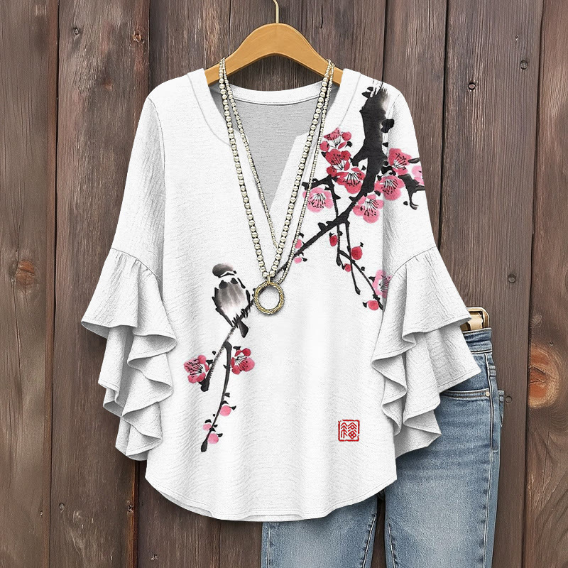 Retro Watercolor Flower & Bird Print V-neck Half Sleeve Blouse - White - 5XL - image 1