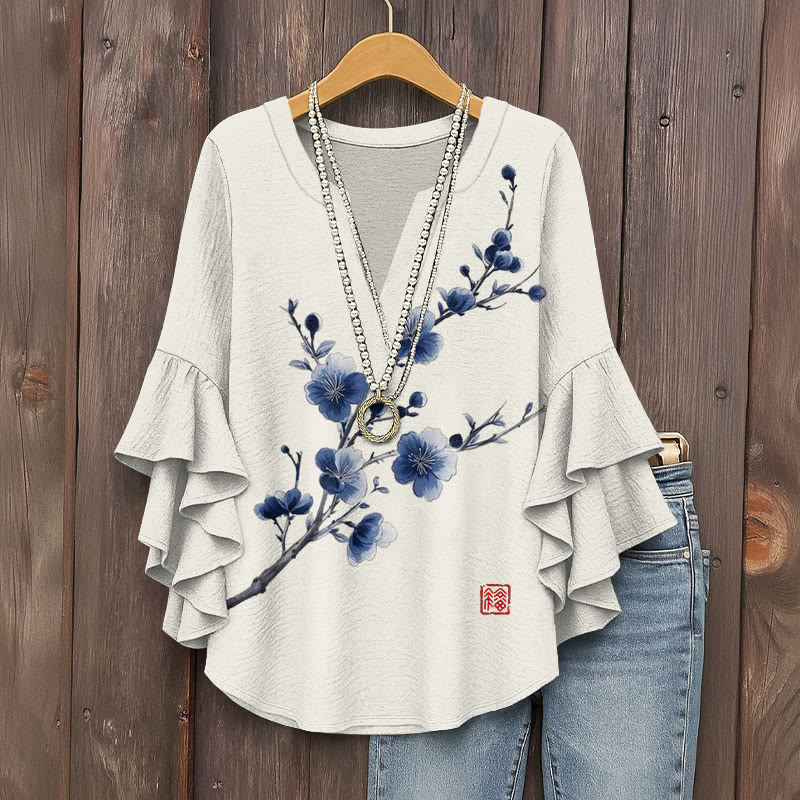 Lovely Blue Floral Art Print V-neck Half Sleeve Blouse - Beige - 5XL - image 1
