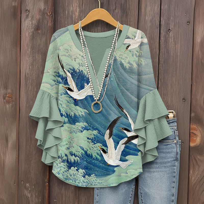 Stunning Ocean Wave & Seagull Art Print V-neck Half Sleeve Blouse - Green - 5XL - image 1