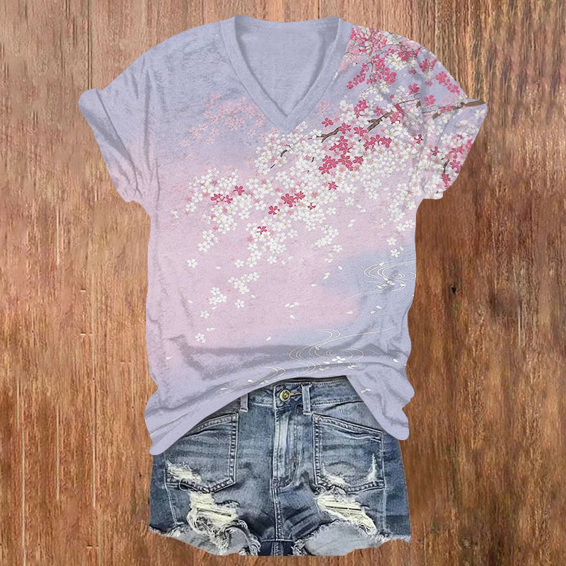 Japanese Romantic Cherry Blossom Gradient Pattern Print Short Sleeved V-neck T-shirt - Pink - US32-34(5XL) - image 1