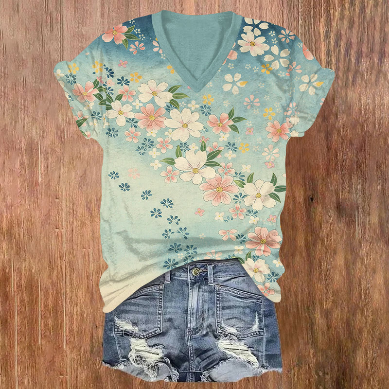 Japanese Traditional Cherry Blossom Gradient Pattern Print Short Sleeved V-neck T-shirt - Light Green - US32-34(5XL) - image 2