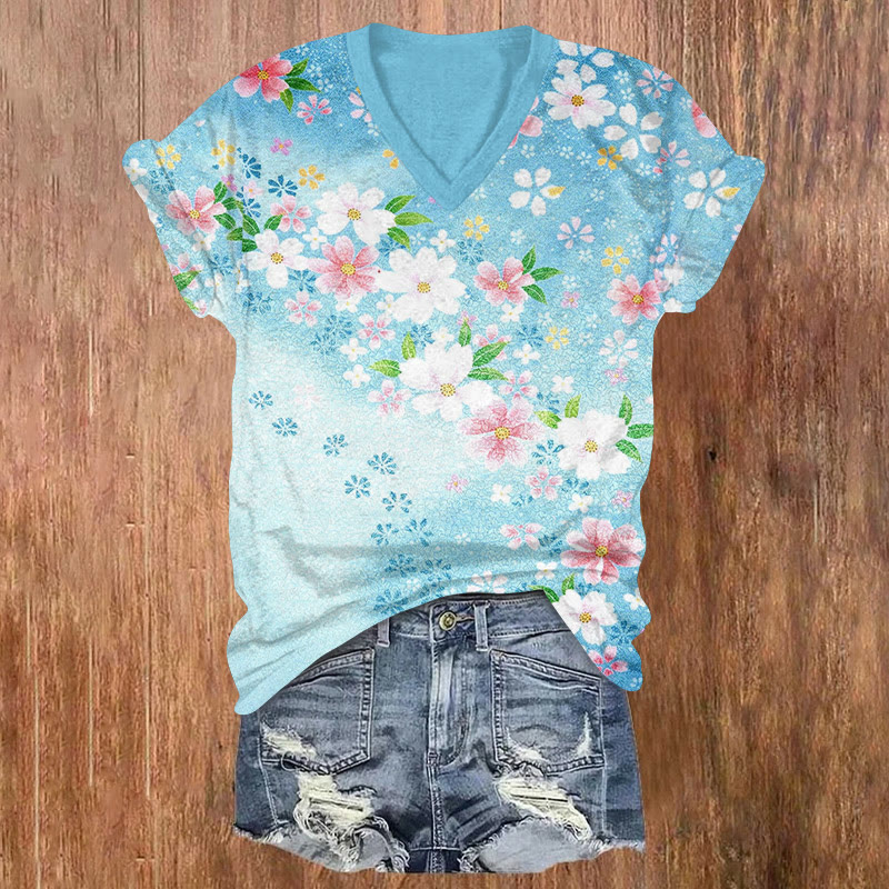 Japanese Traditional Cherry Blossom Gradient Pattern Print Short Sleeved V-neck T-shirt - Light Blue - US32-34(5XL) - image 1