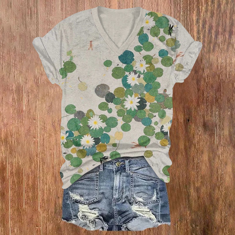Japanese Zen-inspired Water Lily Leaves Pattern Print Short Sleeved V-neck T-shirt - Apricot - US32-34(5XL) - image 1