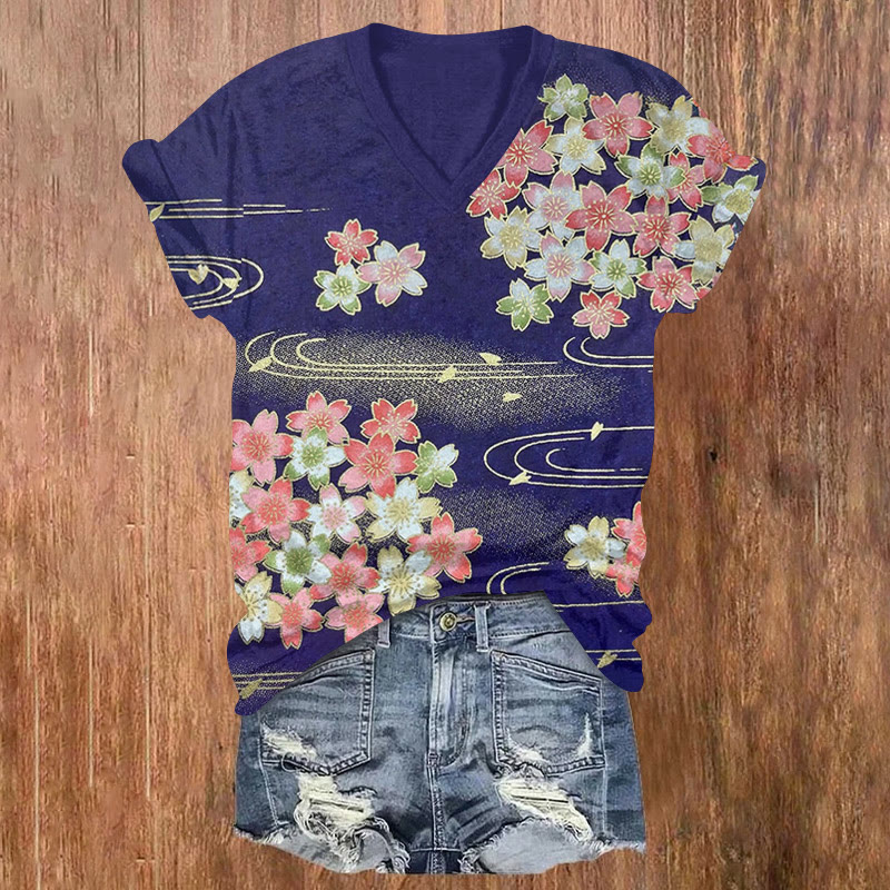 Japanese Traditional Cherry Blossom Clusters Pattern Print Short Sleeved V-neck T-shirt - Purple - US32-34(5XL) - image 1