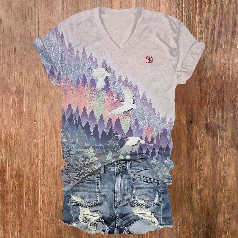Japanese Classical Mountains And Cranes Pattern Print Short Sleeved V-neck T-shirt - Light Purple - US32-34(5XL) - image 2