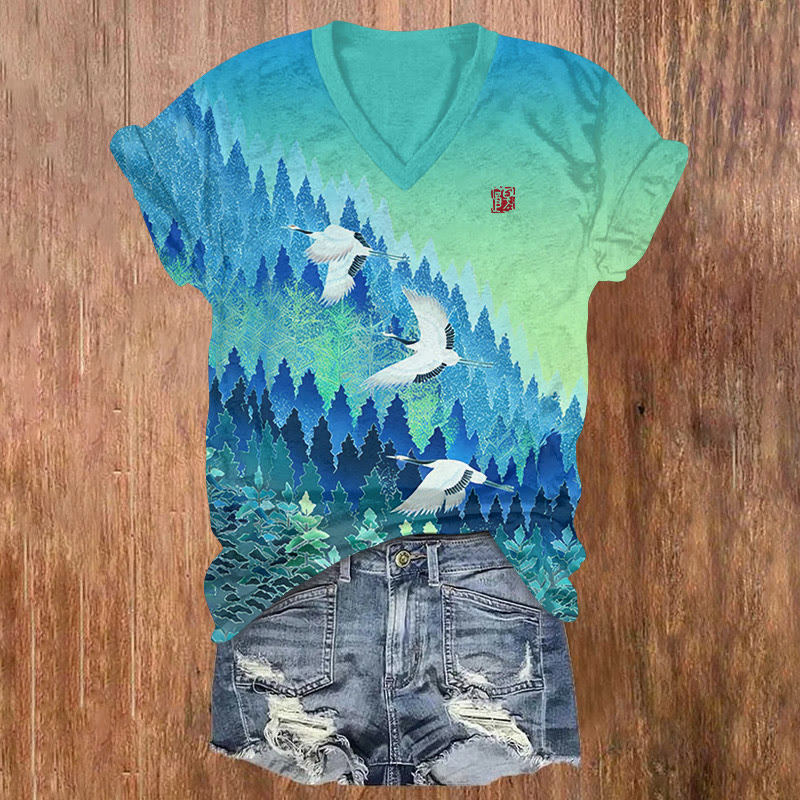 Japanese Classical Mountains And Cranes Pattern Print Short Sleeved V-neck T-shirt - Light Blue - US32-34(5XL) - image 1