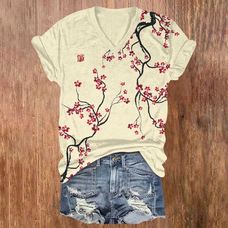 Japanese Classical Plum Blossom Pattern Print Short Sleeved V-neck T-shirt - Apricot - US32-34(5XL) - image 1