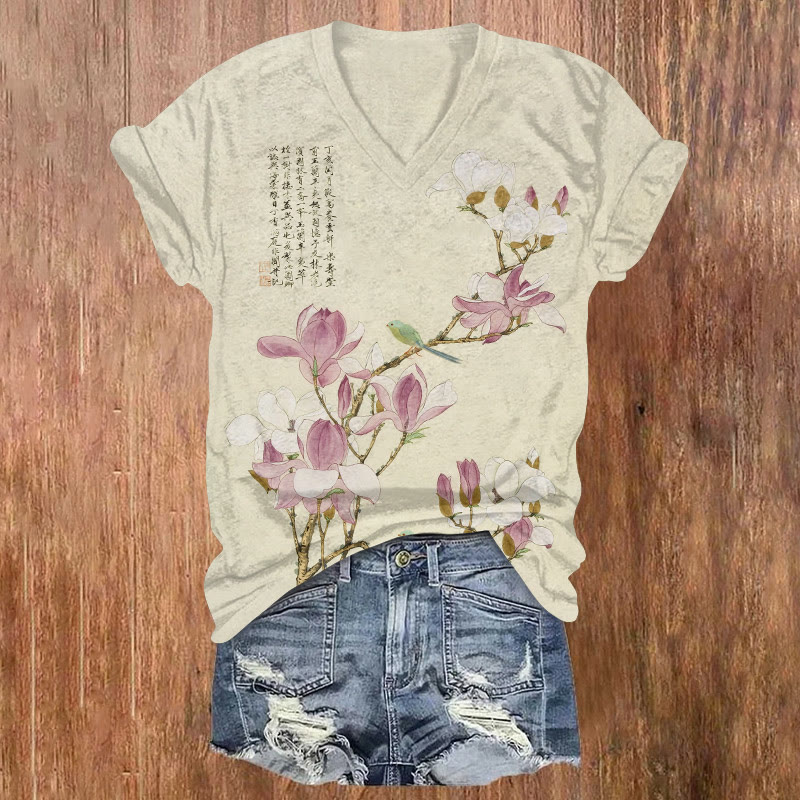 Japanese Classical Elegant Magnolia Poem Pattern Print Short Sleeved V-neck T-shirt - Apricot - US32-34(5XL) - image 1