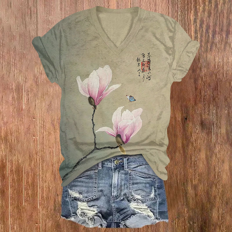 Japanese Classical Elegant Magnolia Butterfly Pattern Print Short Sleeved V-neck T-shirt - Apricot - US32-34(5XL) - image 1