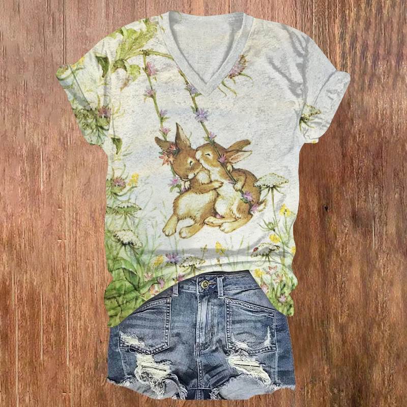 Retro Two Rabbits Swing pattern Print Short Sleeved V-Neck T-Shirt - White - US32-34(5XL) - image 1