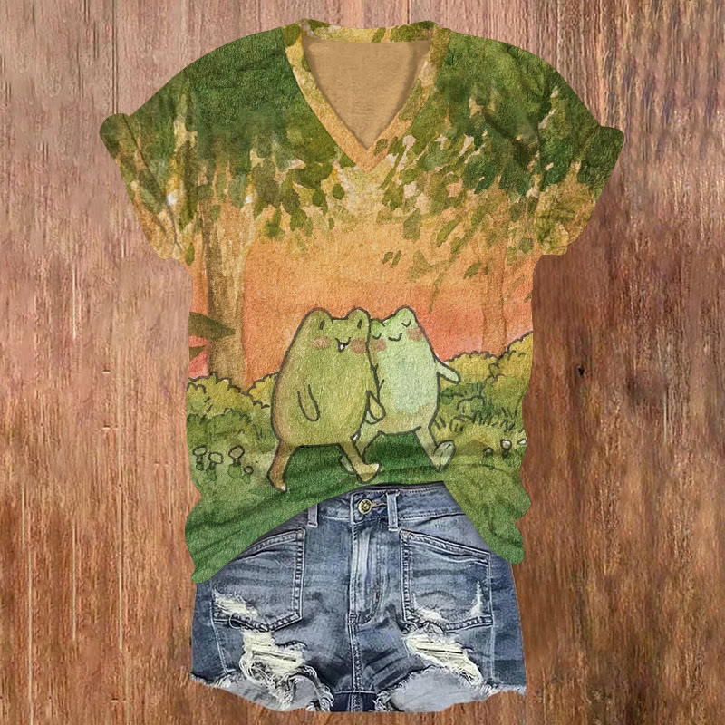 Retro Two Frogs Walking Pattern Print Short Sleeved V-neck T-shirt - Orange - US32-34(5XL) - image 1