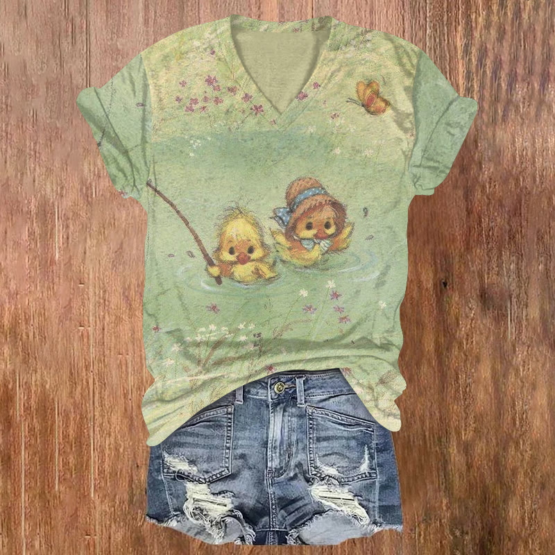 Retro Two Little Ducks Pattern Print Short Sleeved V-neck T-shirt - Light Green - US32-34(5XL) - image 1