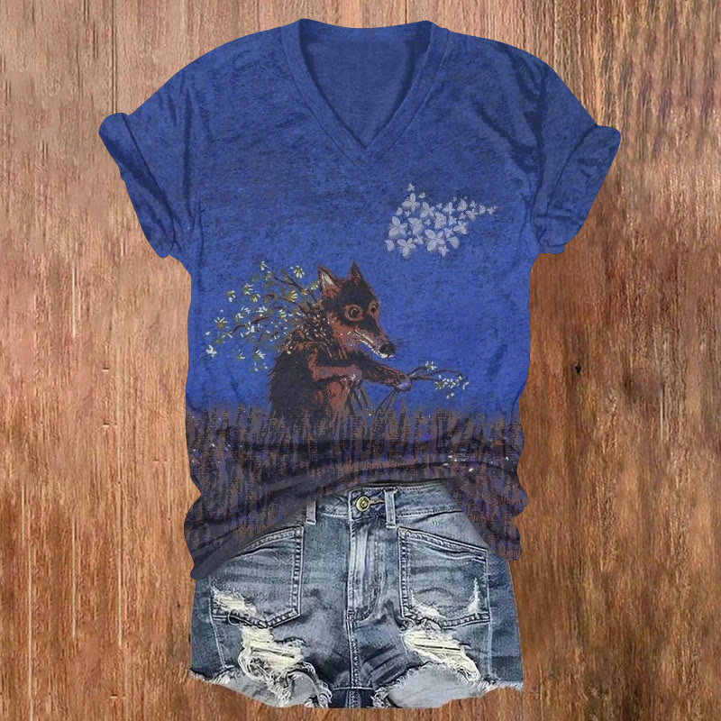 Retro The Kind Wolf Pattern Print Short Sleeved V-neck T-shirt - Royal Blue - US32-34(5XL) - image 1