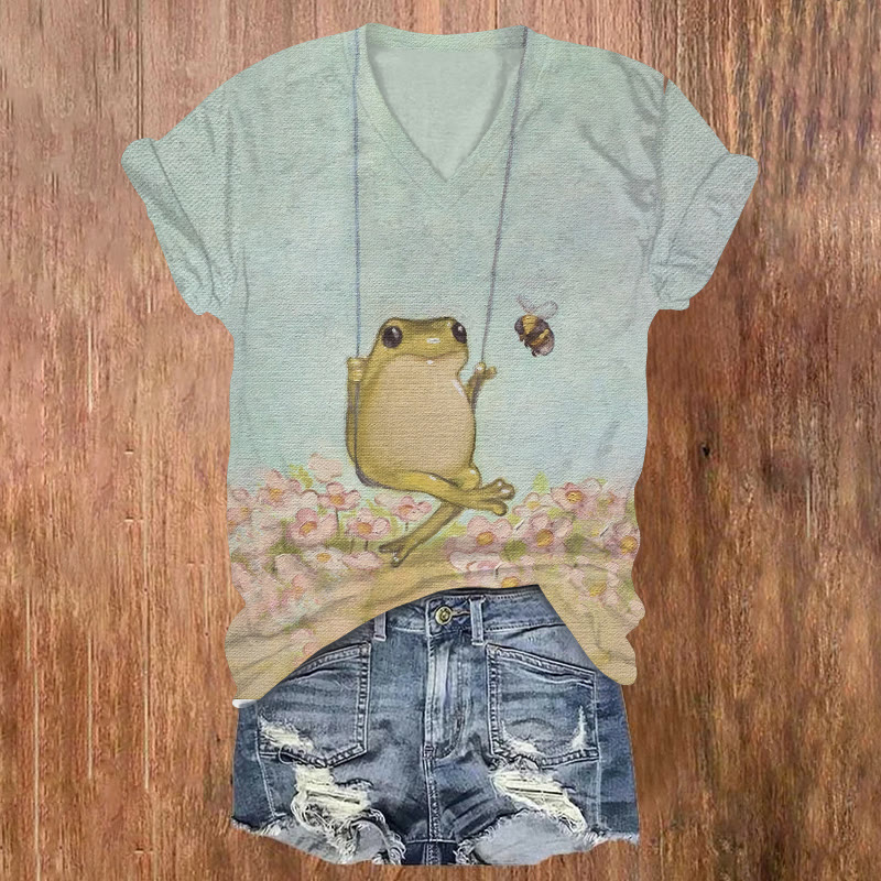 Retro Swing Frog And Bee Pattern Print Short Sleeved V-neck T-shirt - Light Green - US32-34(5XL) - image 1