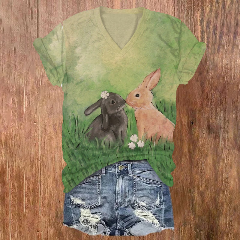 Retro Cute Bunny Kiss Pattern Print Short Sleeved V-neck T-shirt - Green - US32-34(5XL) - image 1