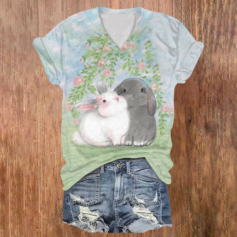 Retro Cute White Rabbit And Gray Rabbit Pattern Print Short Sleeved V-neck T-shirt - Multicolor - US32-34(5XL) - image 1