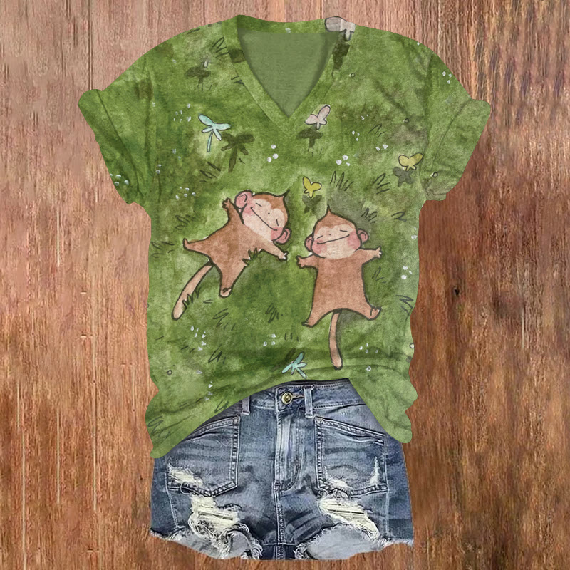 Retro Cute Little Monkey Friends Pattern Print Short Sleeved V-neck T-shirt - Green - US32-34(5XL) - image 1