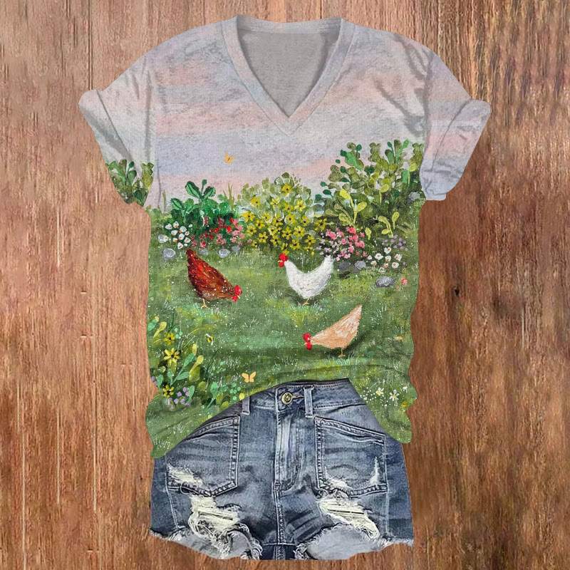Retro Wonderful Farm Life With Little Chicken Friends Pattern Print Short Sleeved V-neck T-shirt - Multicolor - US32-34(5XL) - image 1