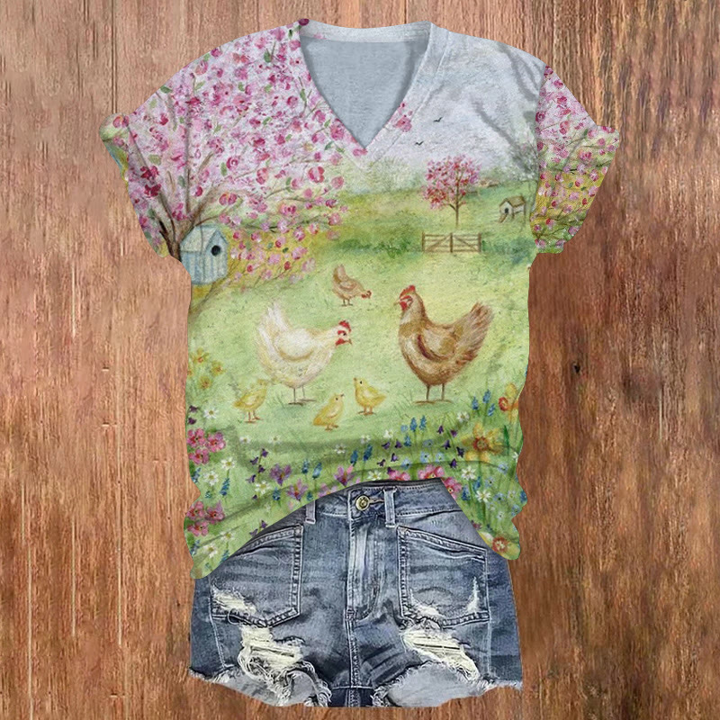 Retro Farm Life Chicken Friends Pattern Print Short Sleeved V-neck T-shirt - Multicolor - US32-34(5XL) - image 1