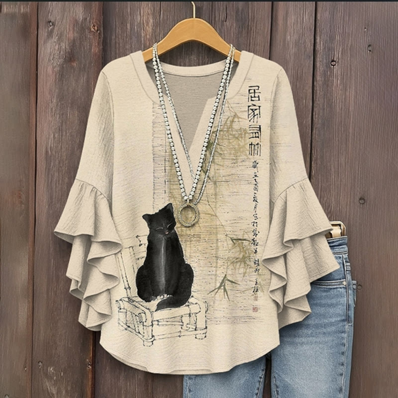 Vintage Black Cat On A Bamboo Chair In Ink Painting Pattern Print V-neck Half Sleeve Blouse - Apricot - 5XL - image 1