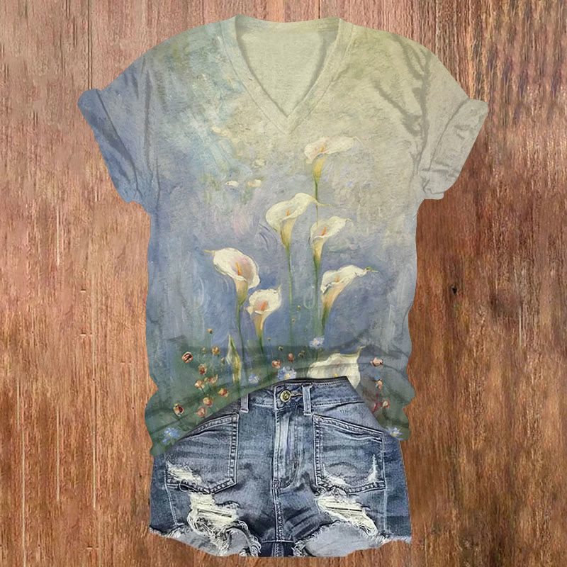 Oil Painting Calla Lily Art Print Short Sleeved V-neck T-shirt - Purple - US32-34(5XL) - image 1