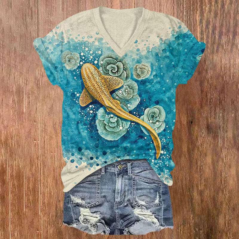 Unique Ocean Animal & Floral Art Print Short Sleeved V-neck T-shirt - Blue - US32-34(5XL) - image 1