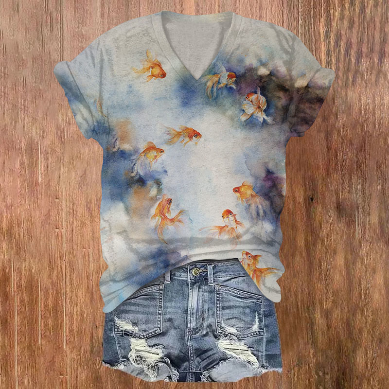 Oil Painting Goldfish Art Print Short Sleeved V-neck T-shirt - Light Gray - US32-34(5XL) - image 1