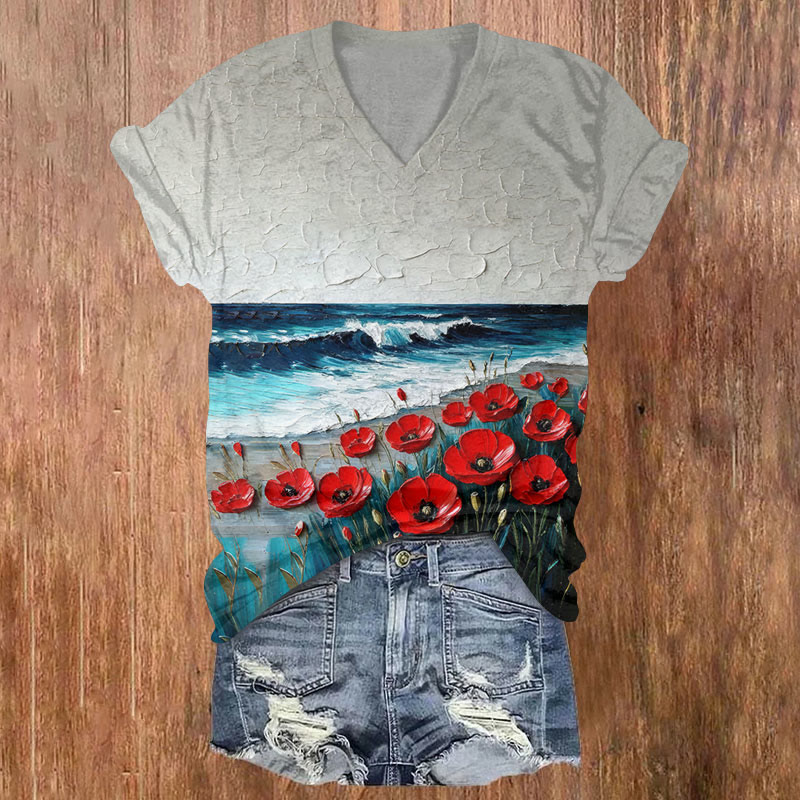 Ocean Red Poppy Textured Painting Print Short Sleeved V-neck T-shirt - Light Gray - US32-34(5XL) - image 1