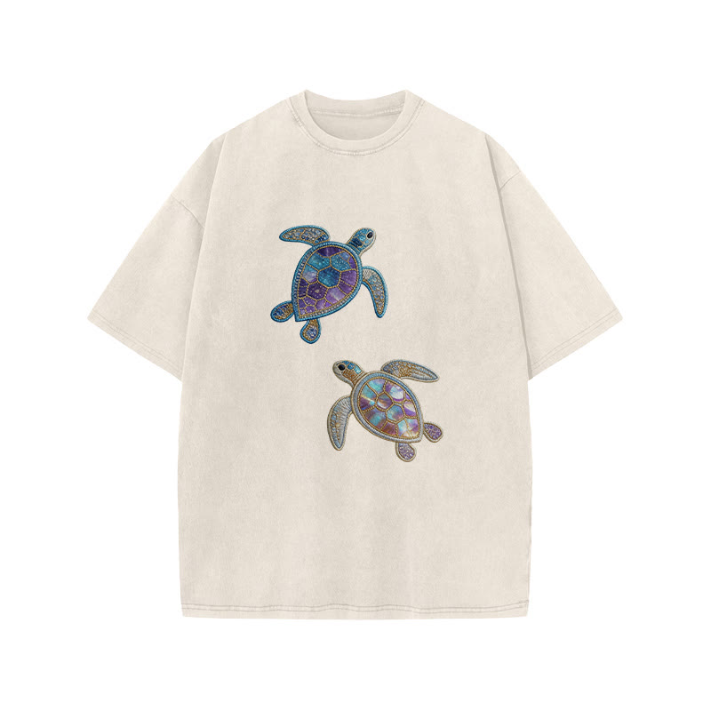 Creative Gemstone Sea Turtle Print Acid Washed T-shirt - Beige - US20-22(3XL) - image 1