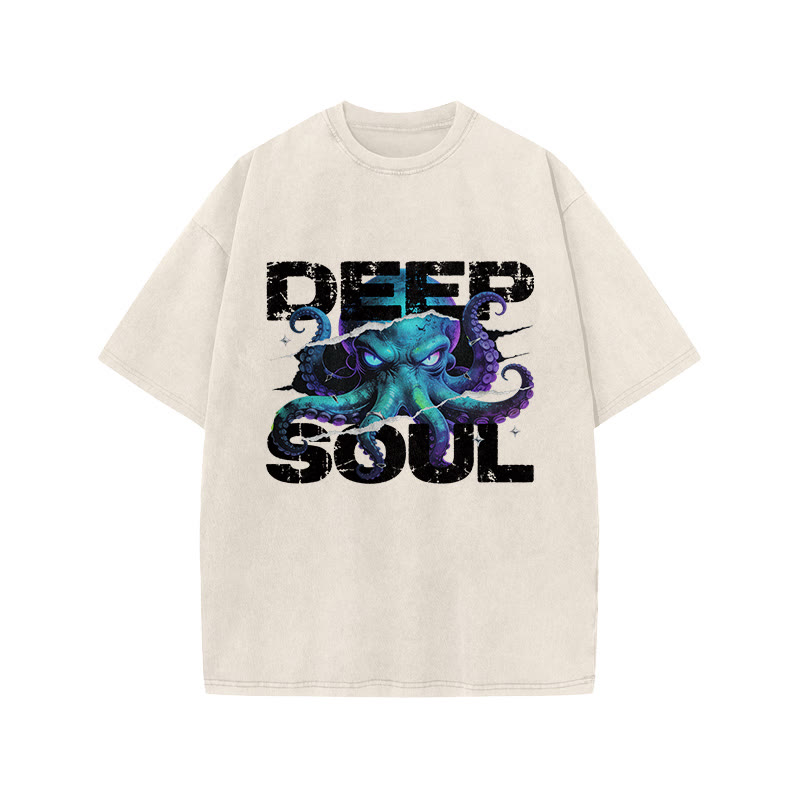 Deep Soul Octopus Print Acid Washed T-shirt - Beige - US20-22(3XL) - image 2