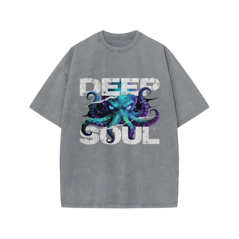 Deep Soul Octopus Print Acid Washed T-shirt - Grey - US20-22(3XL) - image 1
