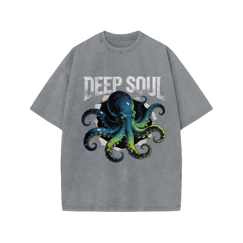 Ombre Octopus Deep Soul Print Acid Washed T-shirt - Grey - US20-22(3XL) - image 2