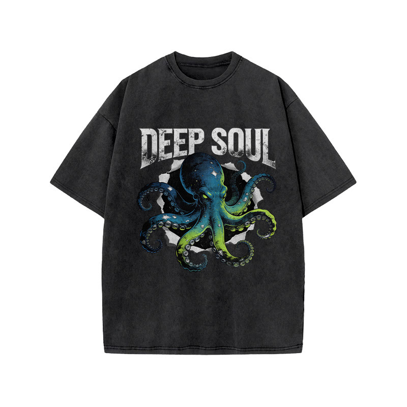 Ombre Octopus Deep Soul Print Acid Washed T-shirt - Black - US20-22(3XL) - image 1