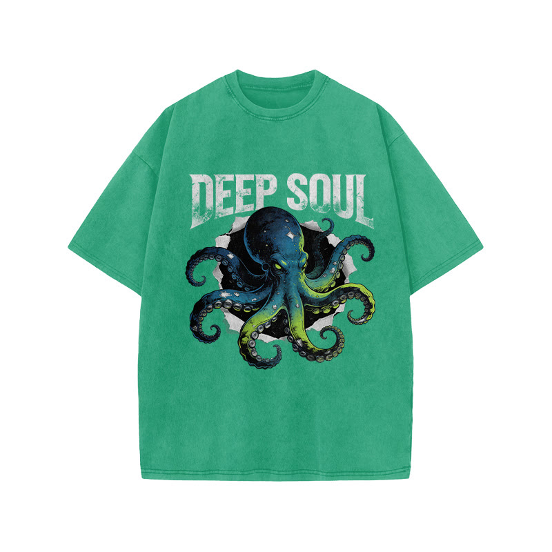 Ombre Octopus Deep Soul Print Acid Washed T-shirt - Green - US20-22(3XL) - image 6