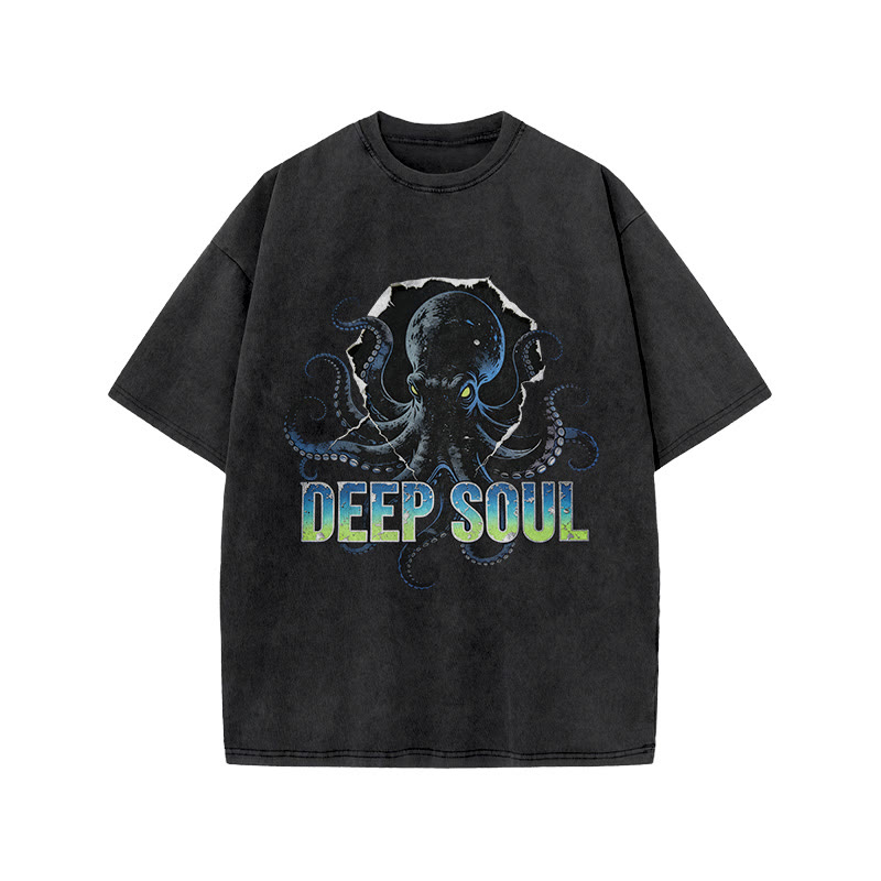 Deep Soul Black Octopus Print Acid Washed T-shirt - Black - US20-22(3XL) - image 2