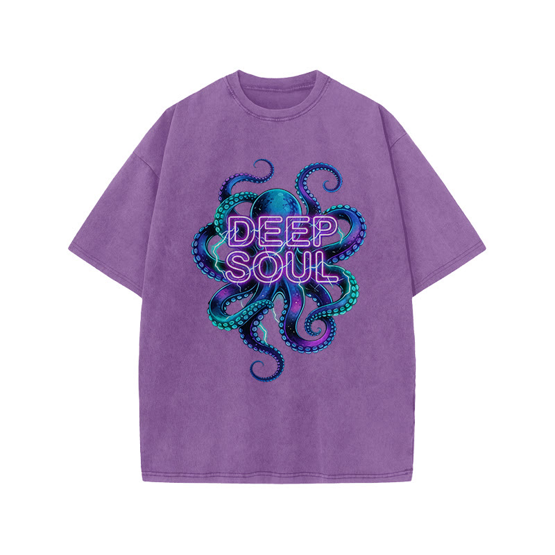 Deep Soul Colored Octopus Print Acid Washed T-shirt - Purple - US20-22(3XL) - image 1