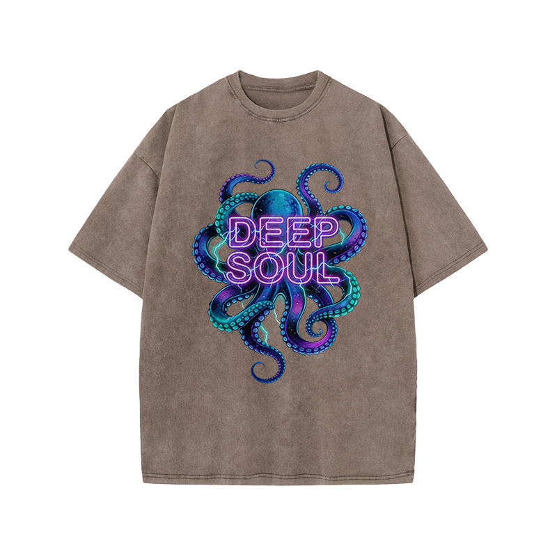 Deep Soul Colored Octopus Print Acid Washed T-shirt - Coffee - US20-22(3XL) - image 5