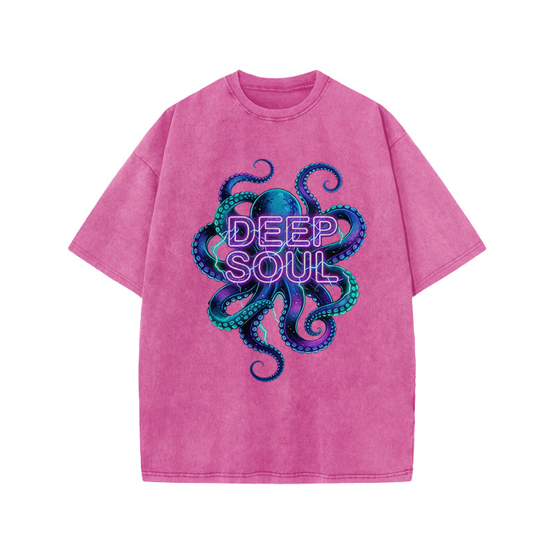 Deep Soul Colored Octopus Print Acid Washed T-shirt - Pink - US20-22(3XL) - image 2