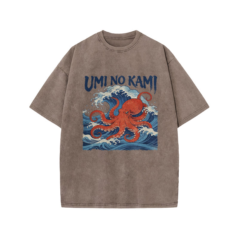 Japanese Ocean Wave Octopus Print Acid Washed T-shirt - Coffee - US20-22(3XL) - image 1