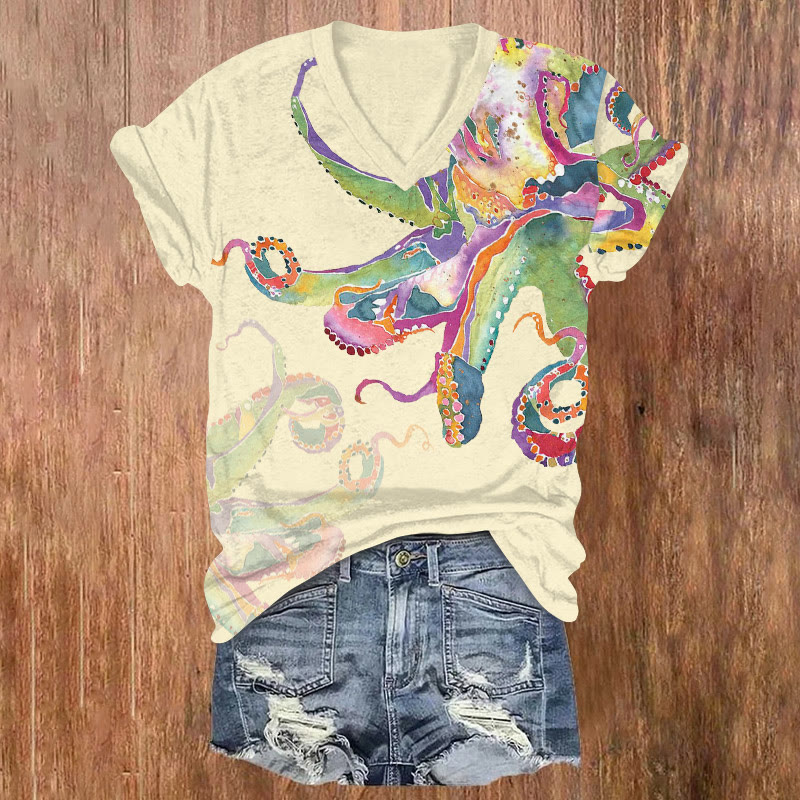 Ocean Summer Watercolor Octopus Art Pattern Print Short Sleeved V-neck T-shirt - Apricot - US32-34(5XL) - image 1