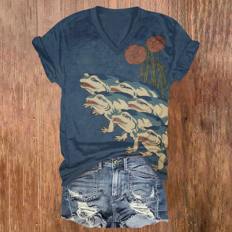 Creative Frogs & Flower Print Short Sleeved V-neck T-shirt - Blue - US32-34(5XL) - image 1