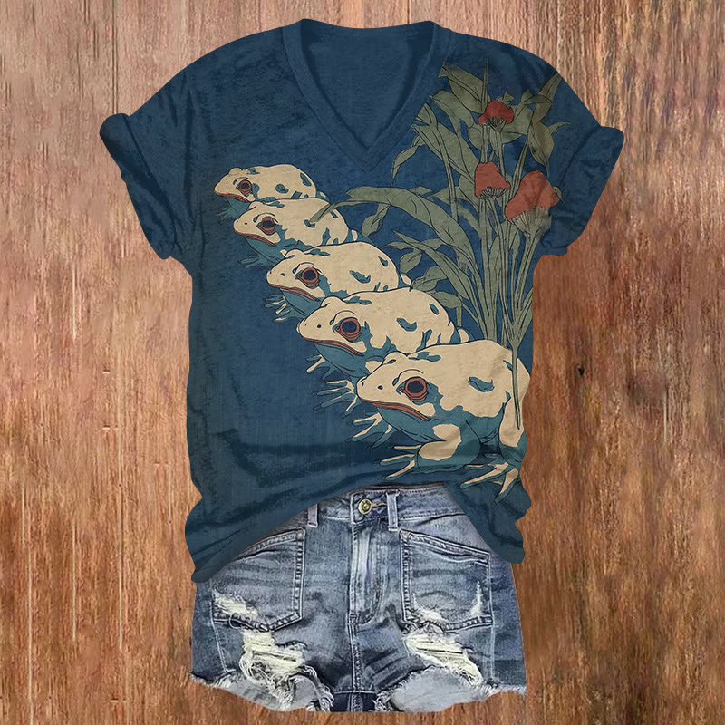 Vintage A Row Of Frogs Art Print Short Sleeved V-neck T-shirt - Blue - US32-34(5XL) - image 1