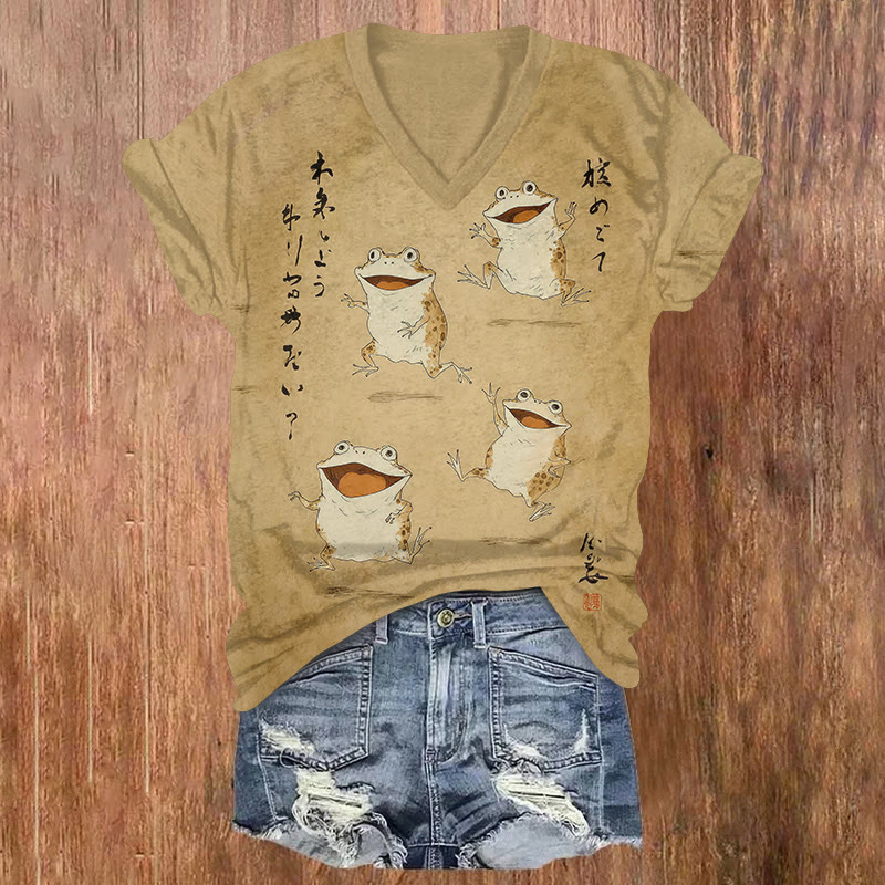 Japanese Vintage Happy Frogs Print Short Sleeved V-neck T-shirt - Yellow - US32-34(5XL) - image 1
