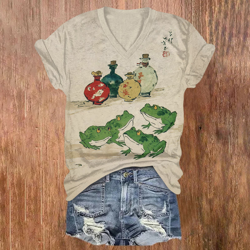 Japanese Frogs & Bottles Art Print Short Sleeved V-neck T-shirt - Beige - US32-34(5XL) - image 1