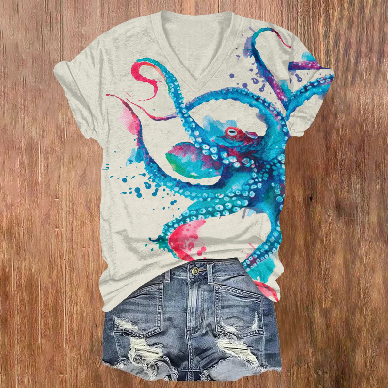 Ocean Dancing Octopus Watercolor Pattern Print Short Sleeved V-neck T-shirt - Apricot - US32-34(5XL) - image 2