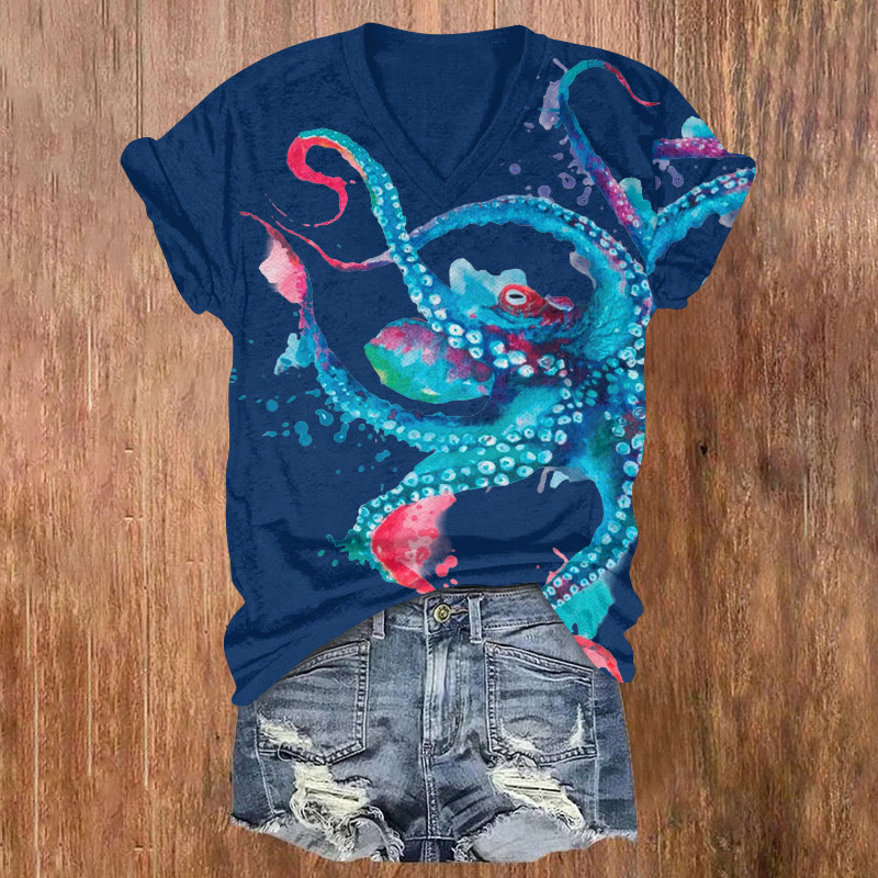 Ocean Dancing Octopus Watercolor Pattern Print Short Sleeved V-neck T-shirt - Dark Blue - US32-34(5XL) - image 1