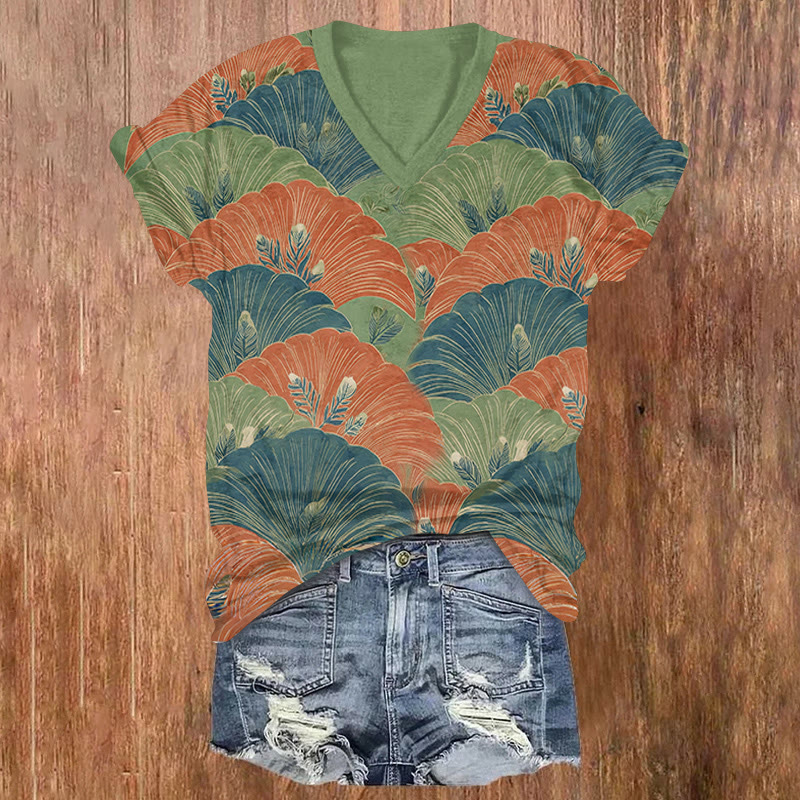 Retro Contrasting  Color Floral Art Print Short Sleeved V-neck T-shirt - Green - US32-34(5XL) - image 1